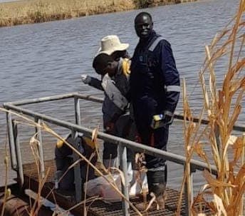 Envag Environmental Consultancy team are taking samples of water from a lagoon for sample tests for Environmental Audit.